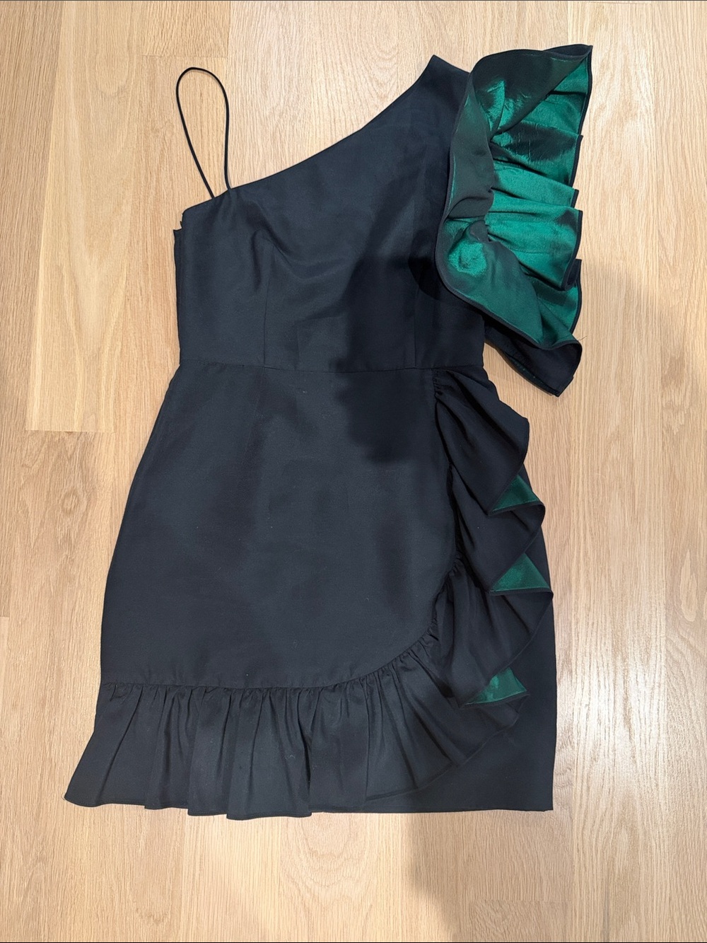 One-Shoulder Black Dress with Emerald Green Ruffle Detail